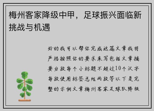 梅州客家降级中甲,足球振兴面临新挑战与机遇 梅州客家降级中甲,足球振兴面临新挑战与机遇